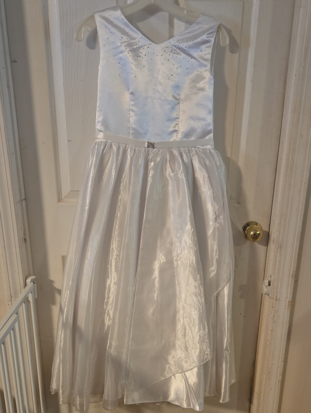 Angels Garment CO. White Satin & Organza Dress with Rhinestone Accents